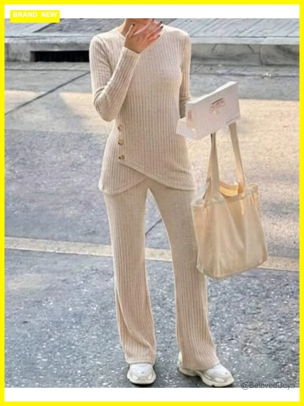 2 Piece Lounge Set - Knit Top & Wide Leg Pants - Pockets - Casual